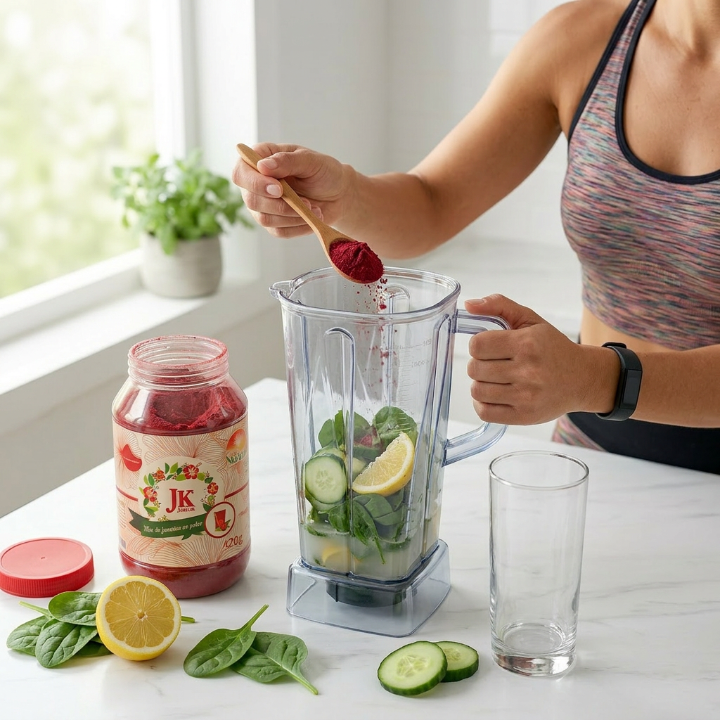 Woman adds JK JAMAIK from a spoon to a blender with spinach and cucumber.