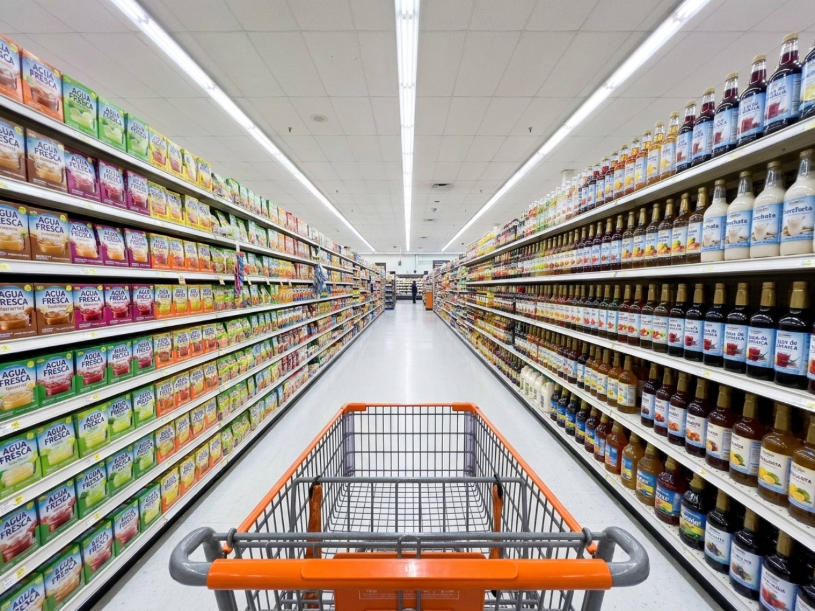carrito de super mercado en pasillo de polvo y jarabes para bebidas.