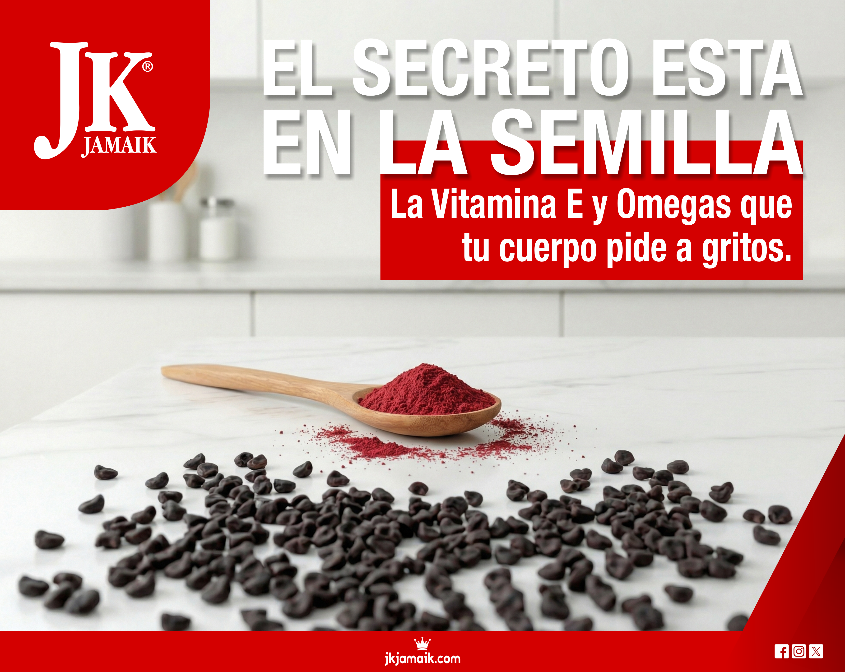 JK JAMAIK logo with seeds and red powder on a spoon.