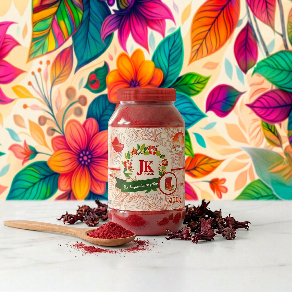 Jar of JK JAMAIK hibiscus powder with dried hibiscus flowers and a wooden spoon.