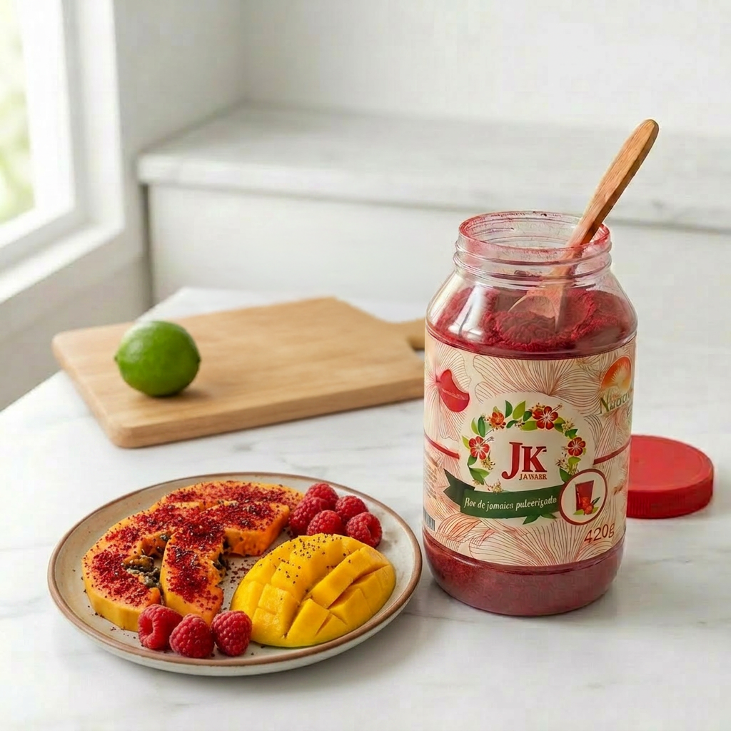 A plate of fruit with a jar of JK JAMAIK and a wooden spoon.