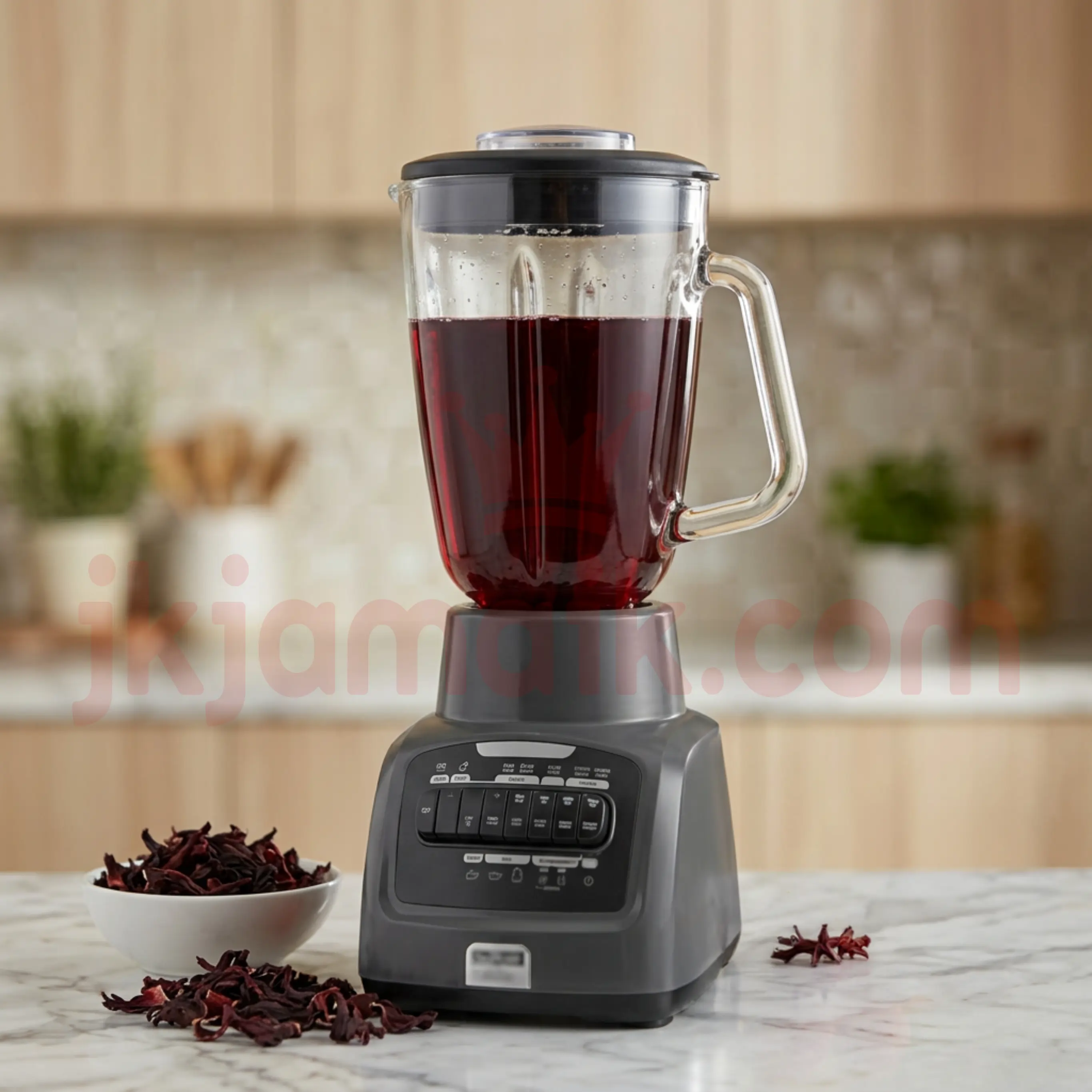 A blender filled with dark red liquid next to a bowl of dried hibiscus flowers.