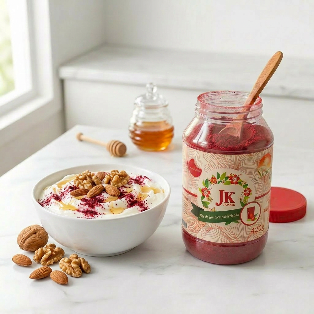 Bowl of yogurt with nuts and honey next to JK JAMAIK jar.
