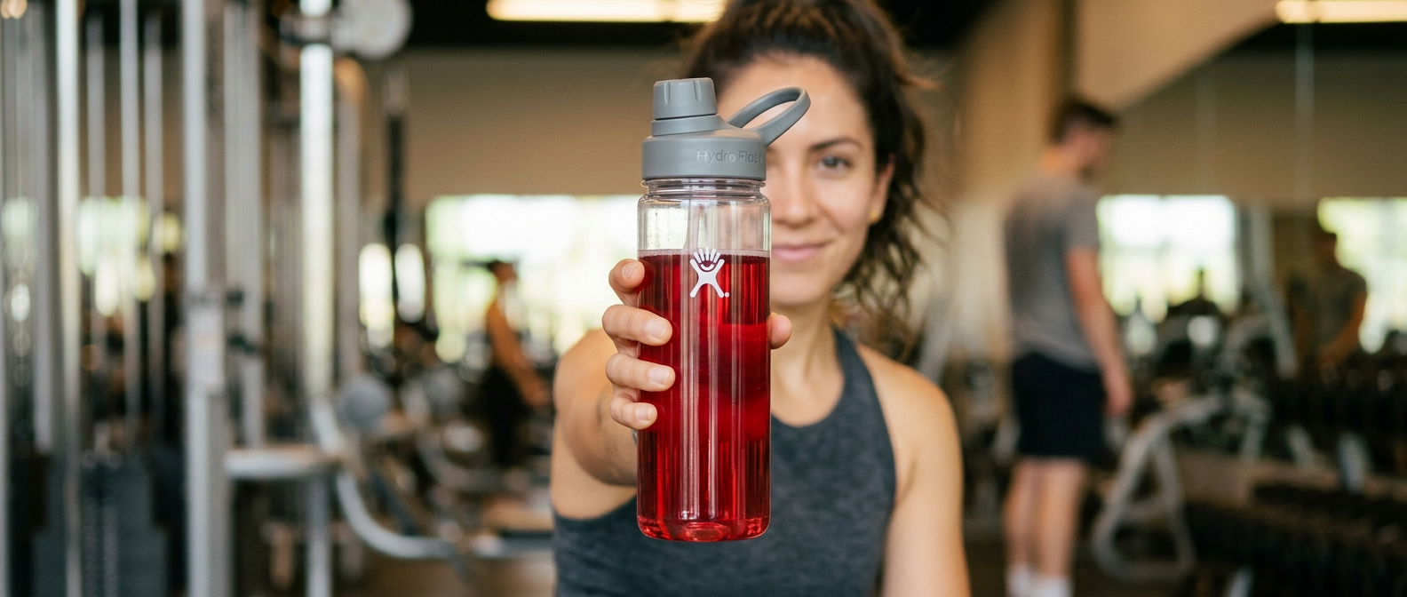 mujer hermosa con termo de agua de jamaica JK en el gym