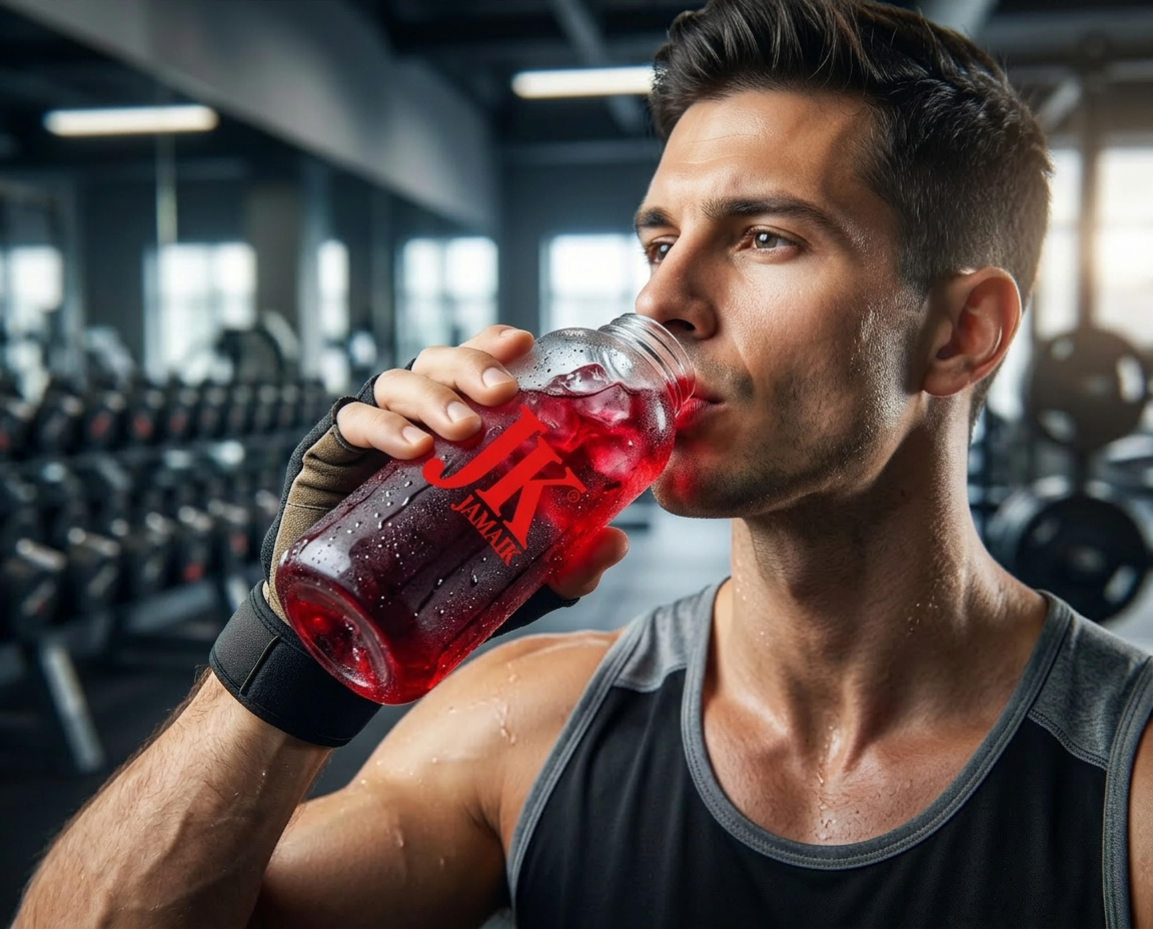 Man in gym drinking hibiscus water from bottle with JK JAMAIK logo.
