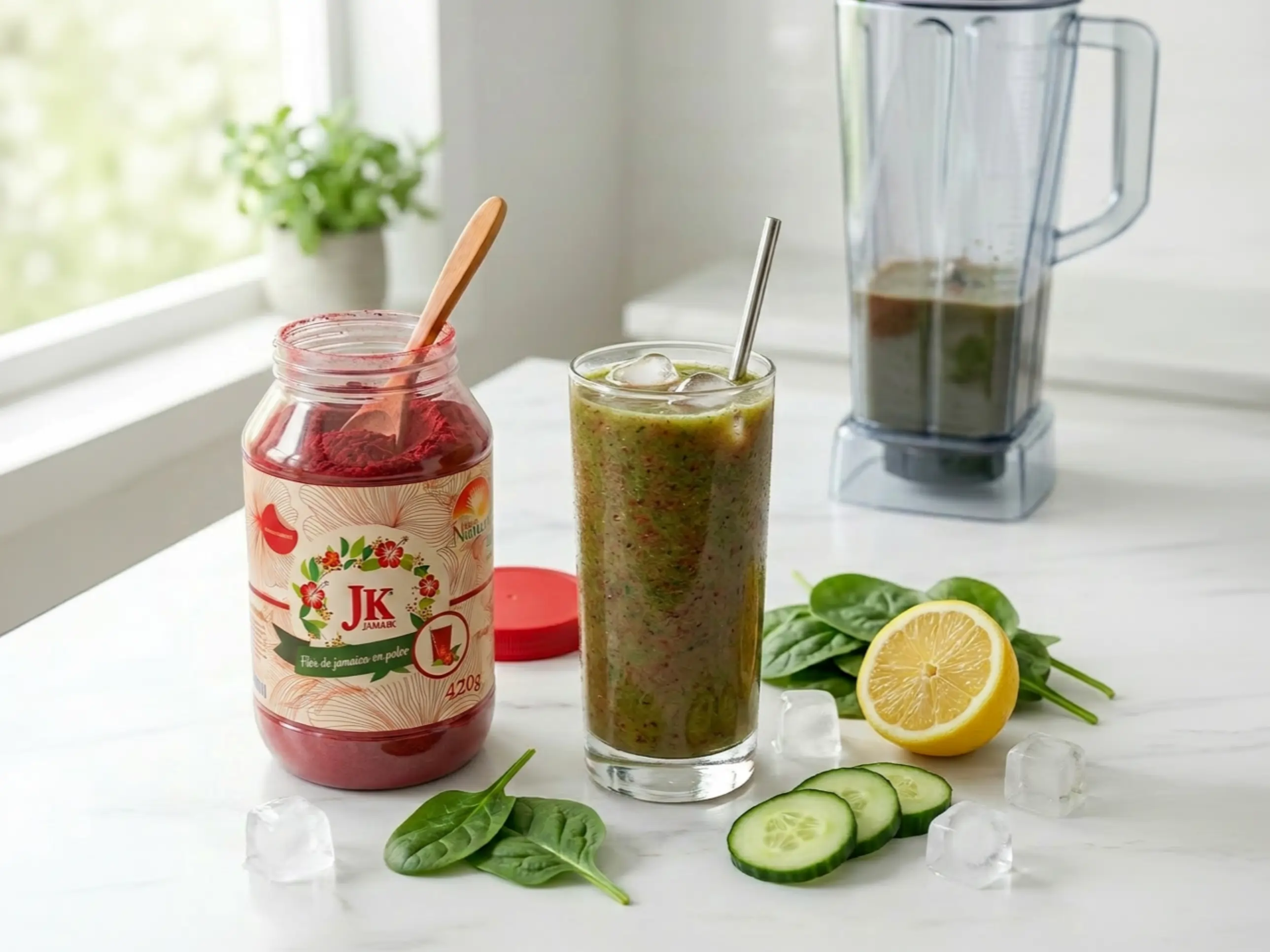 A glass of green smoothie next to a jar of JK JAMAIK and ingredients.