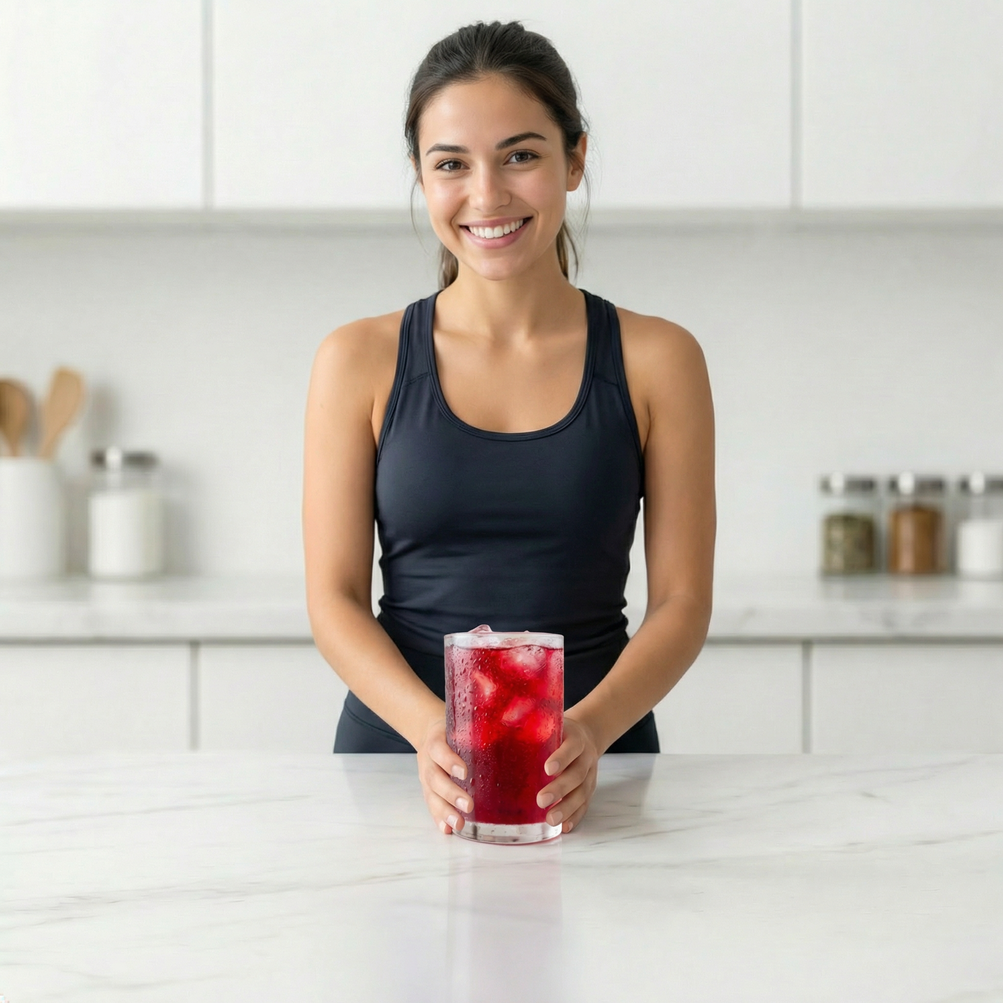 mujer sosteniendo vaso con agua de jamaica preparado con JK JAMAIK