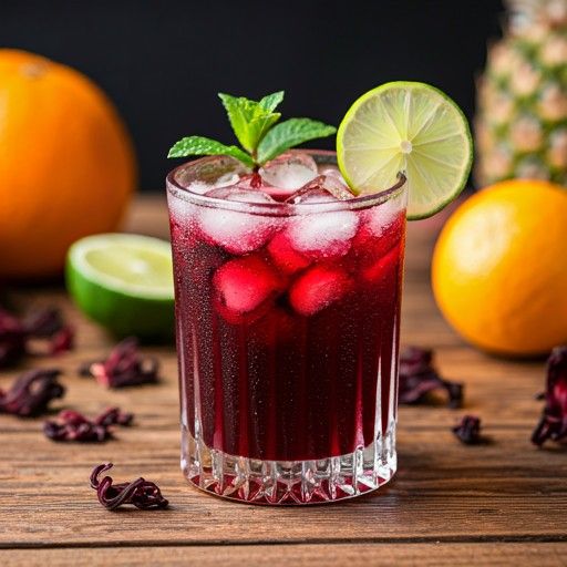 A refreshing glass of red hibiscus tea with ice, lime, and mint.