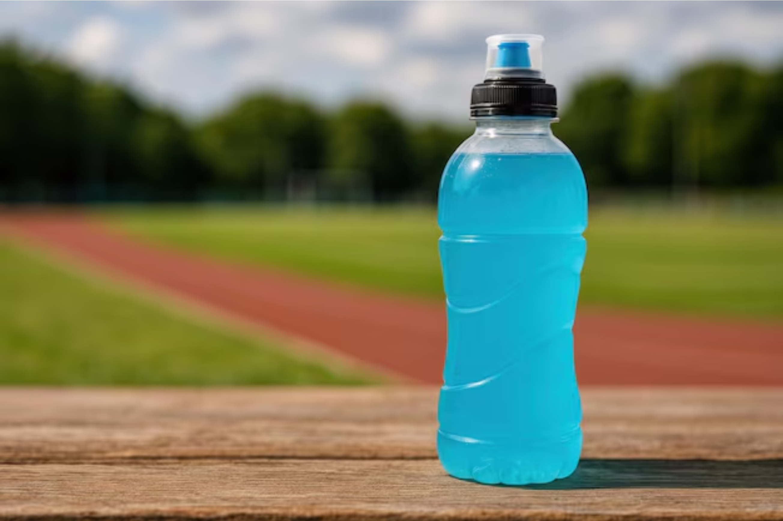 Blue sports drink bottle on a wooden surface with a running track in the background.