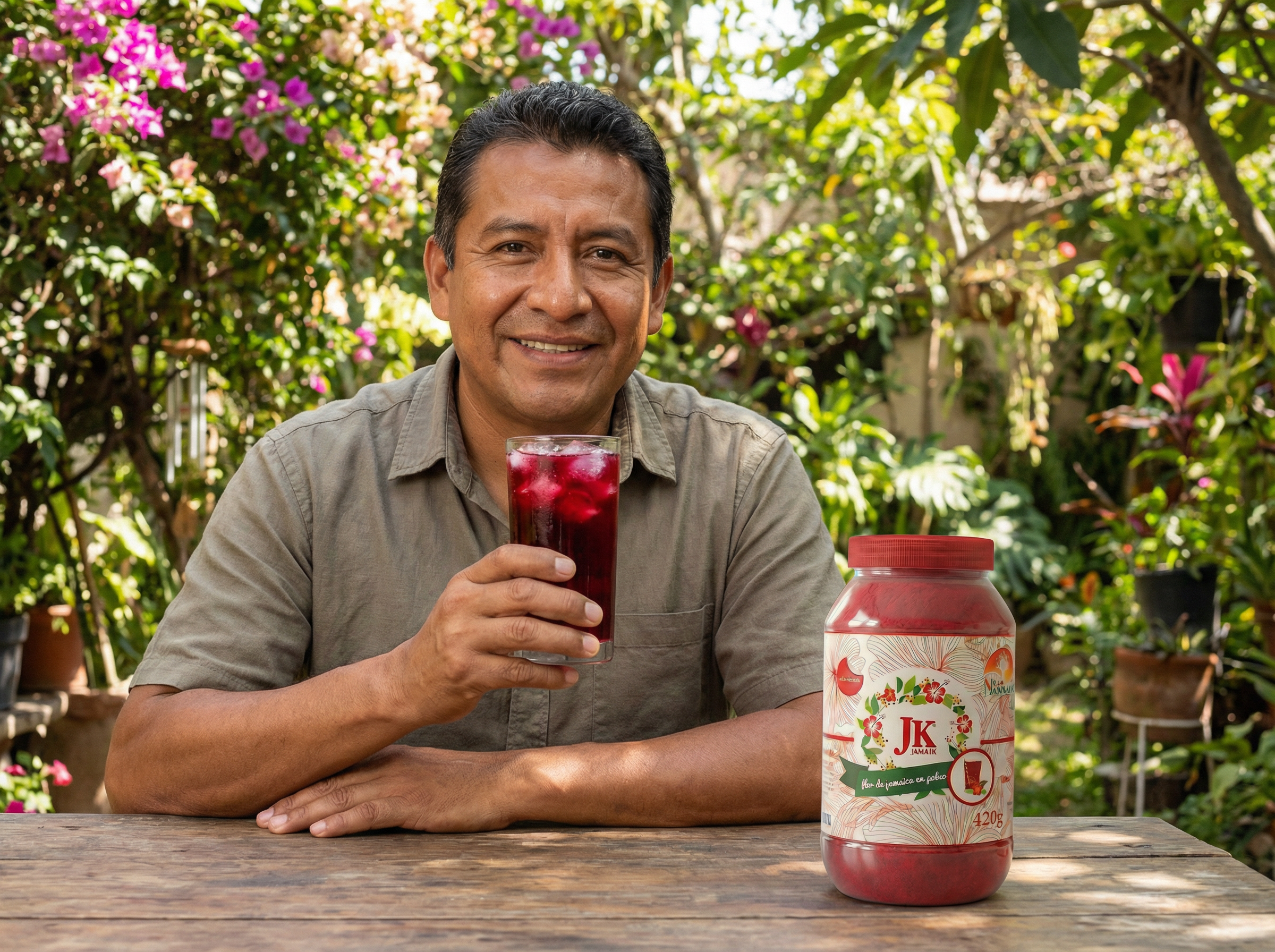 Señor Luis tomando agua de jamaica preparada con JK JAMAIK