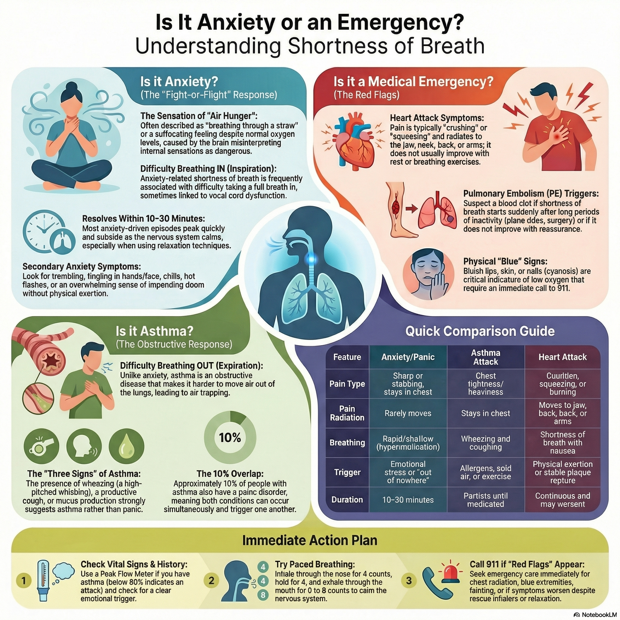 Infographic comparing anxiety, asthma, and heart attack symptoms for shortness of breath.