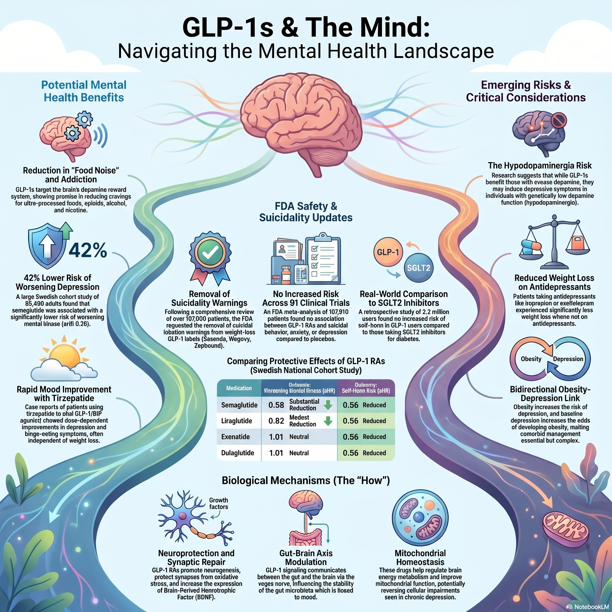 Infographic on GLP-1s and their impact on mental health, covering benefits and risks.