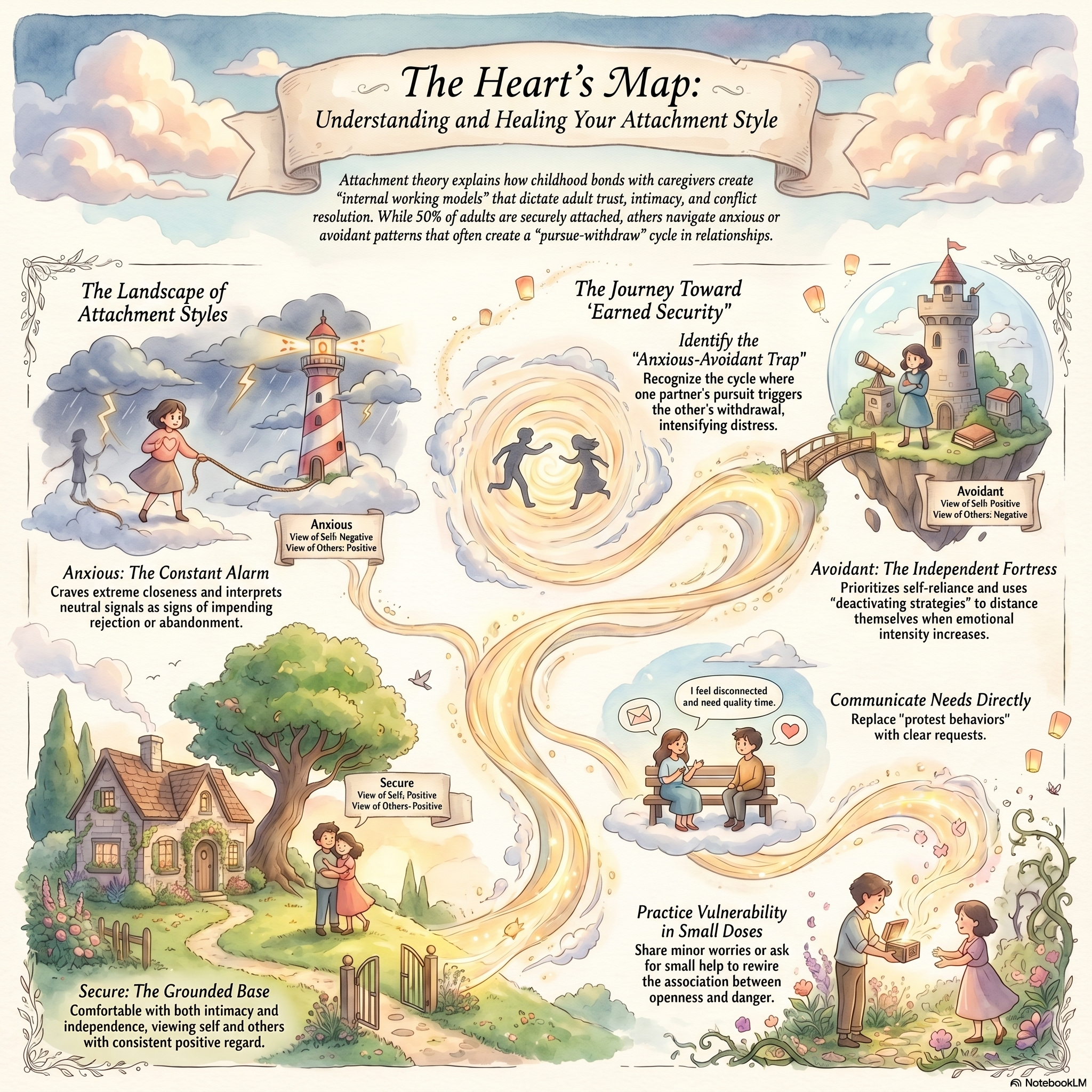 Illustration of attachment styles: anxious, avoidant, and secure, with a path to earned security.