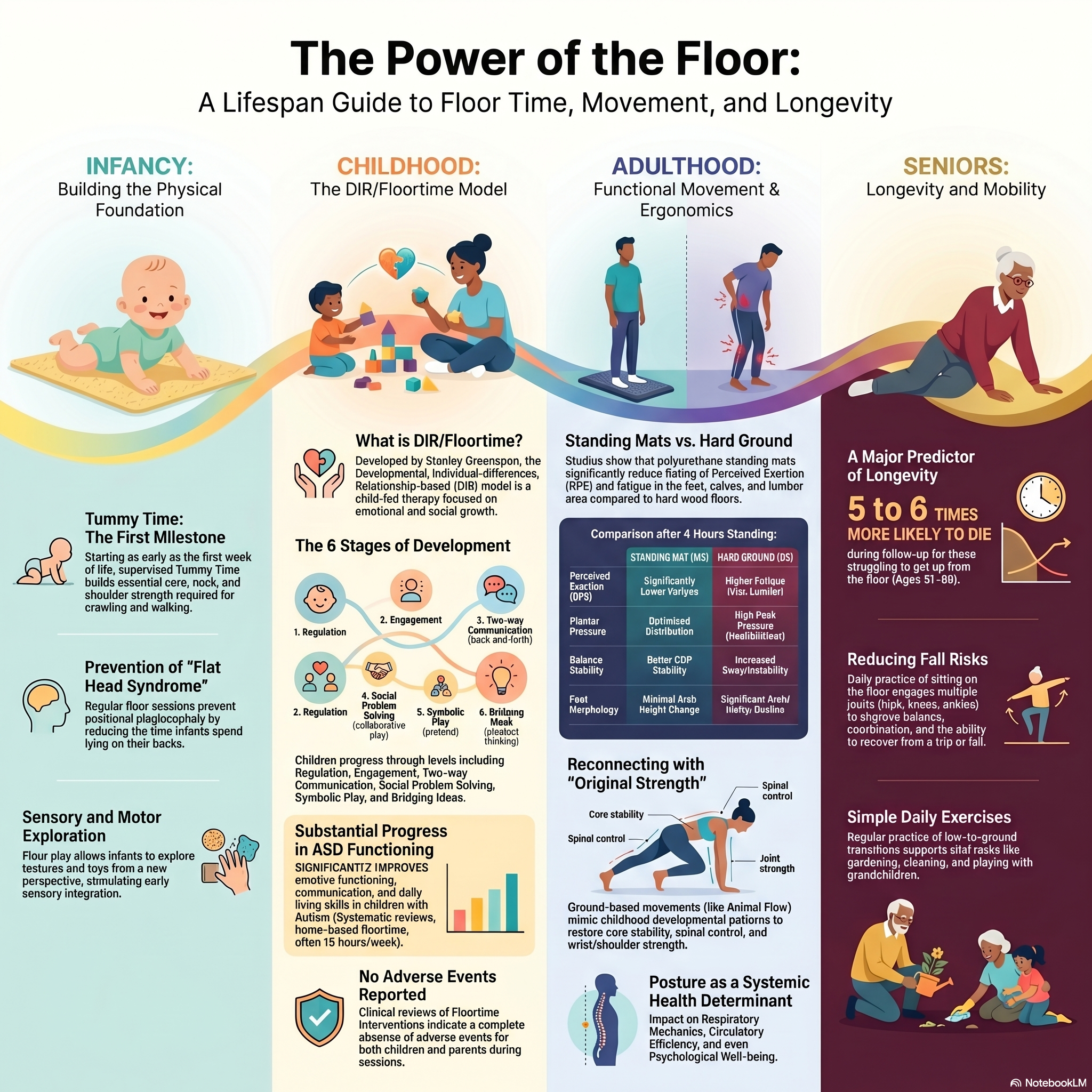 Infographic showing floor time benefits across lifespan: infancy, childhood, adulthood, seniors.