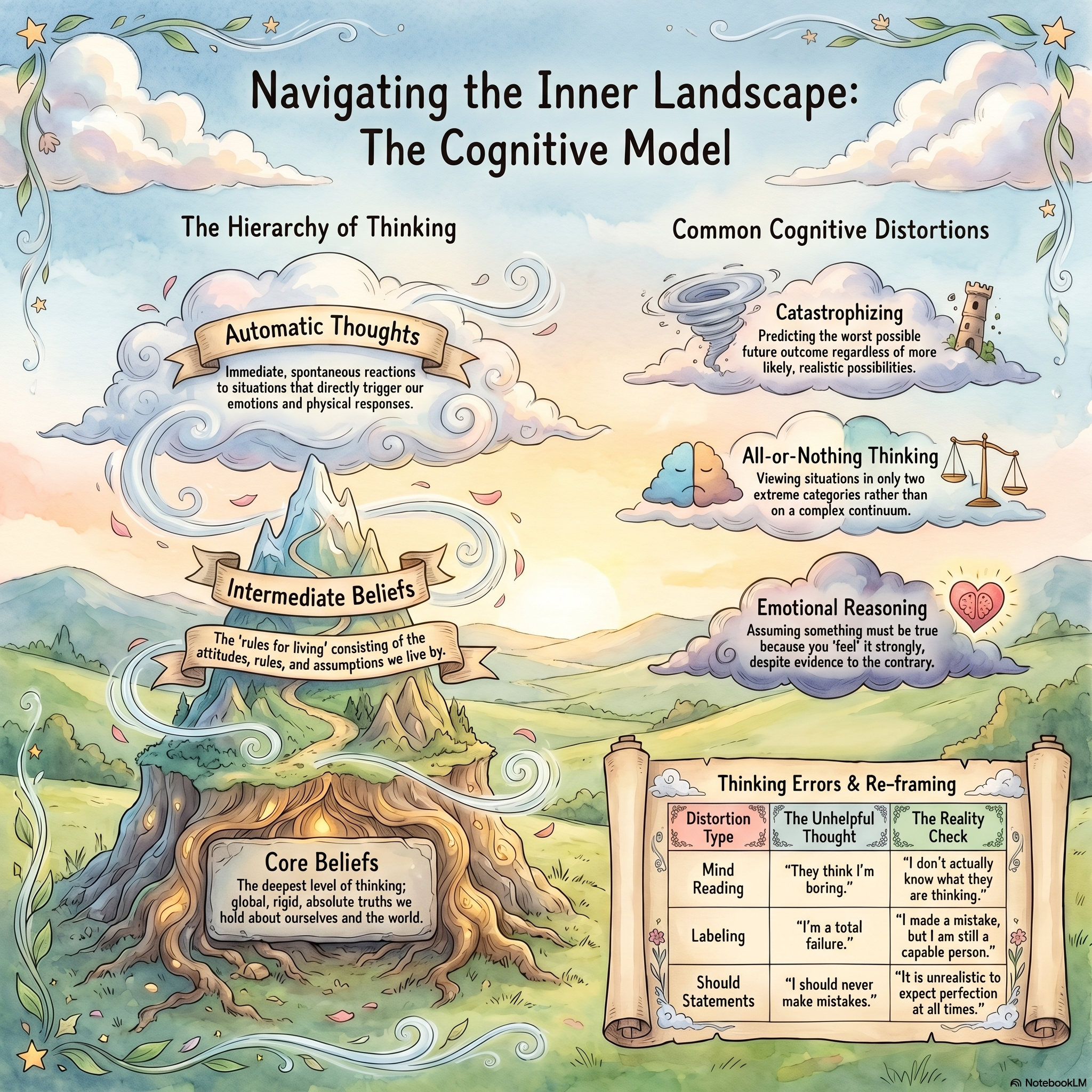 Cognitive model illustrating hierarchy of thinking from core beliefs to automatic thoughts.