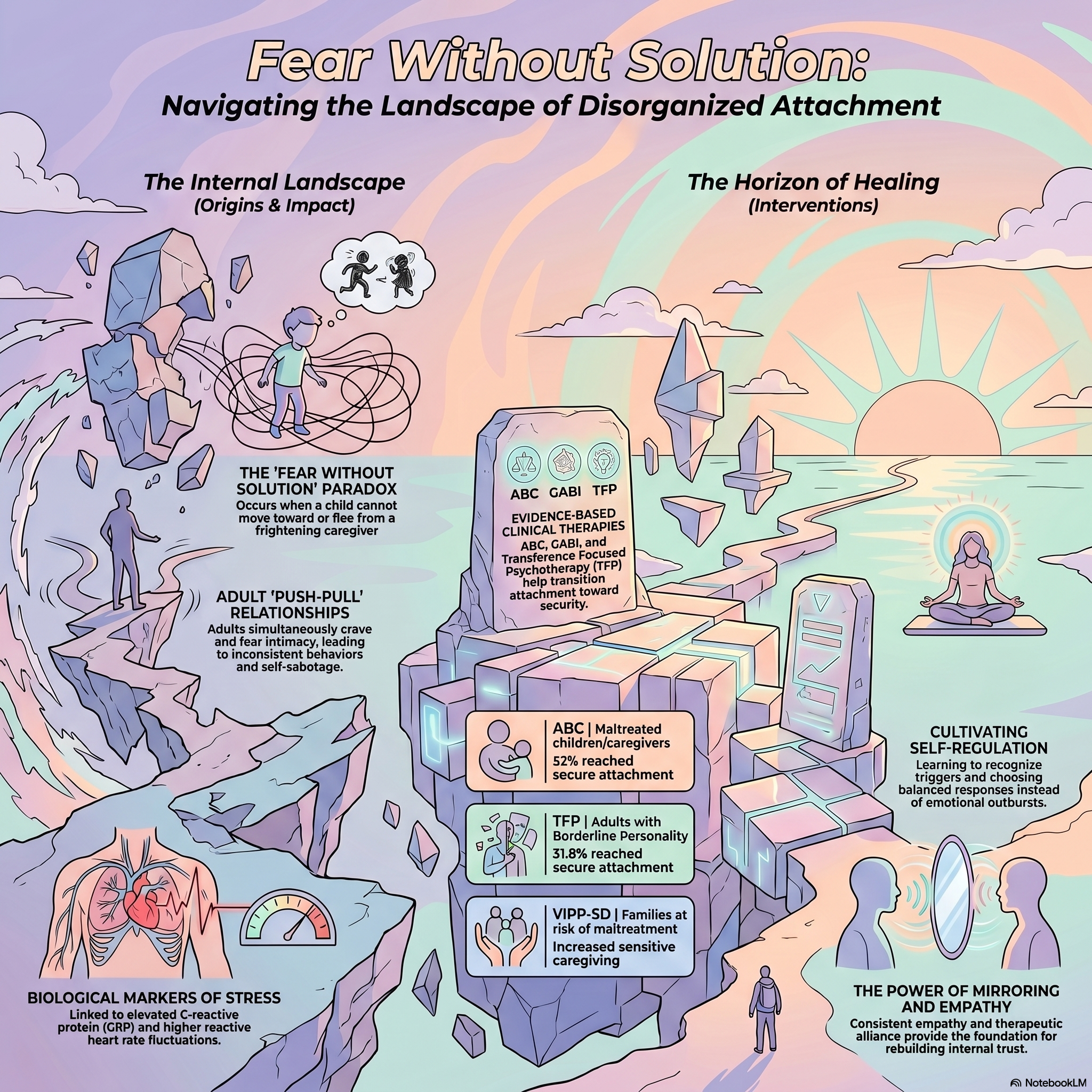 Infographic on disorganized attachment, showing internal struggles and paths to healing.