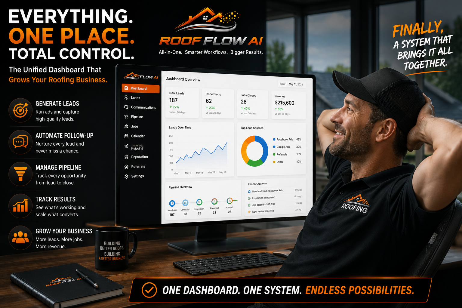 Roofing company owner looking at a unified dashboard