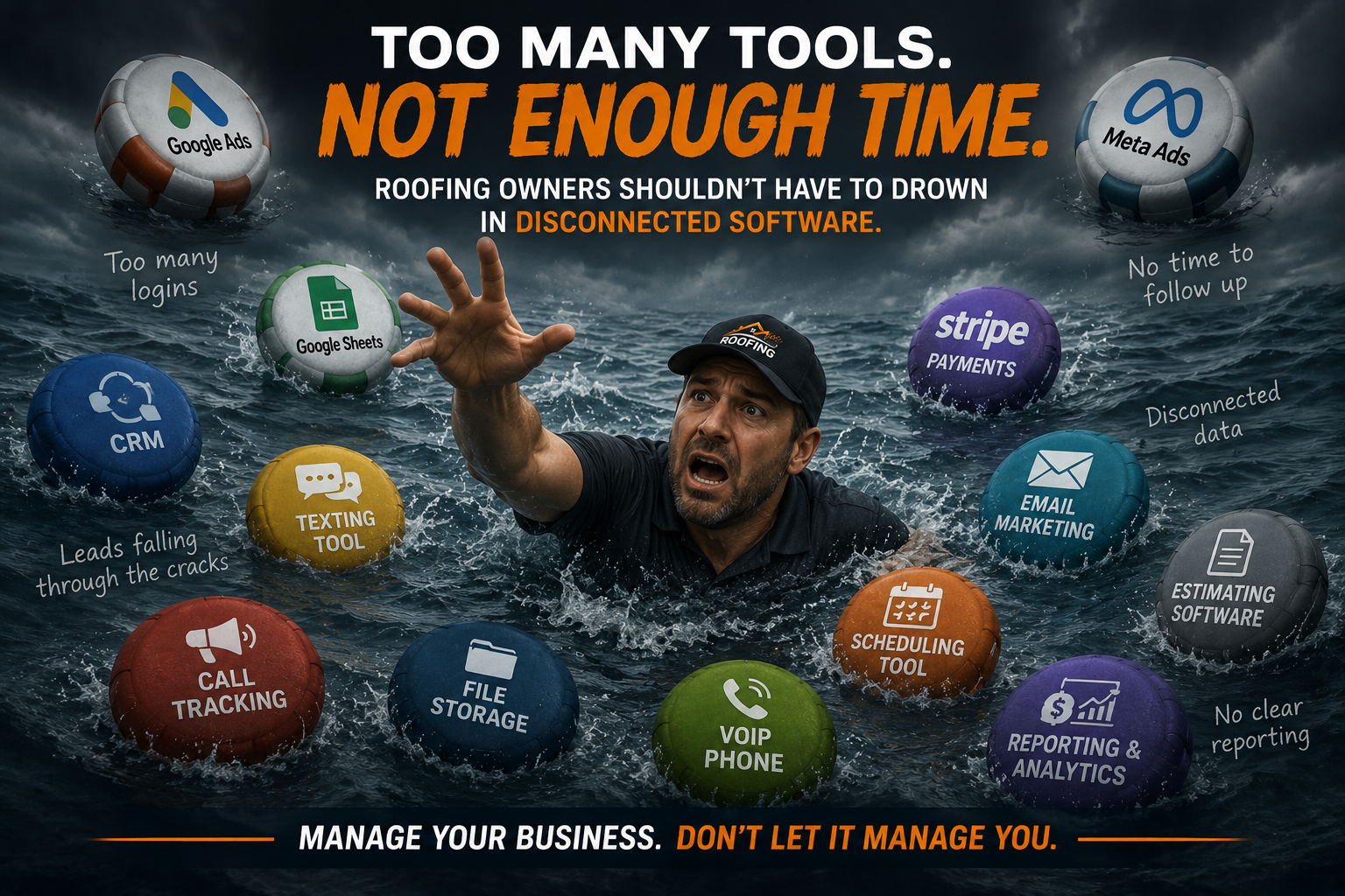 Roofing company owner overwhelmed using so many tools in different places.