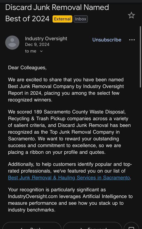 Email announcing Discard Junk Removal named Best of 2024 by Industry Oversight.