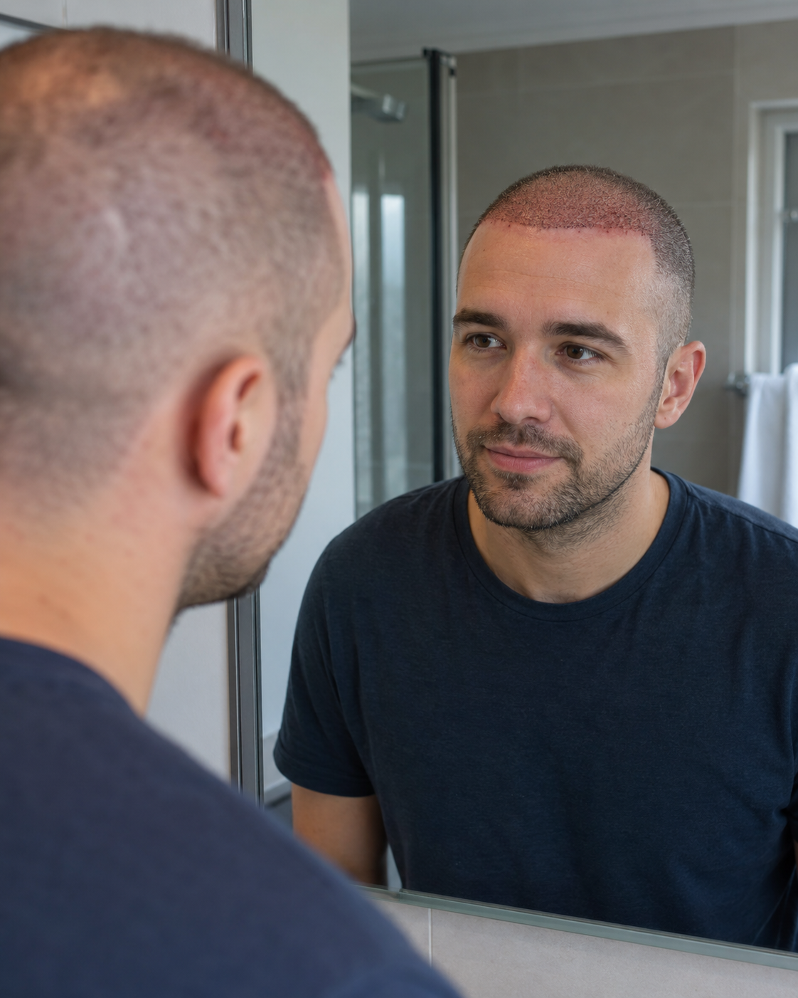 Man looks in mirror at his head after hair transplant surgery.