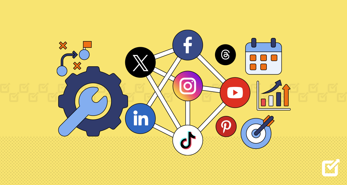 Social media management tools on screens.