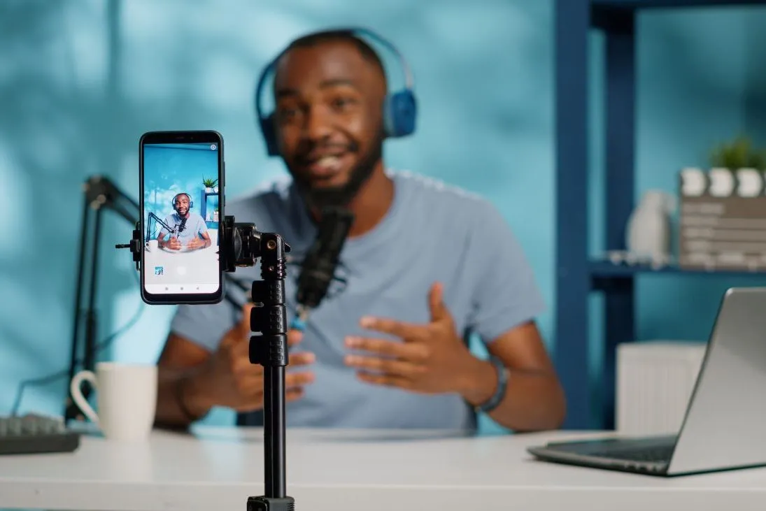 People using smartphones to connect and share content.