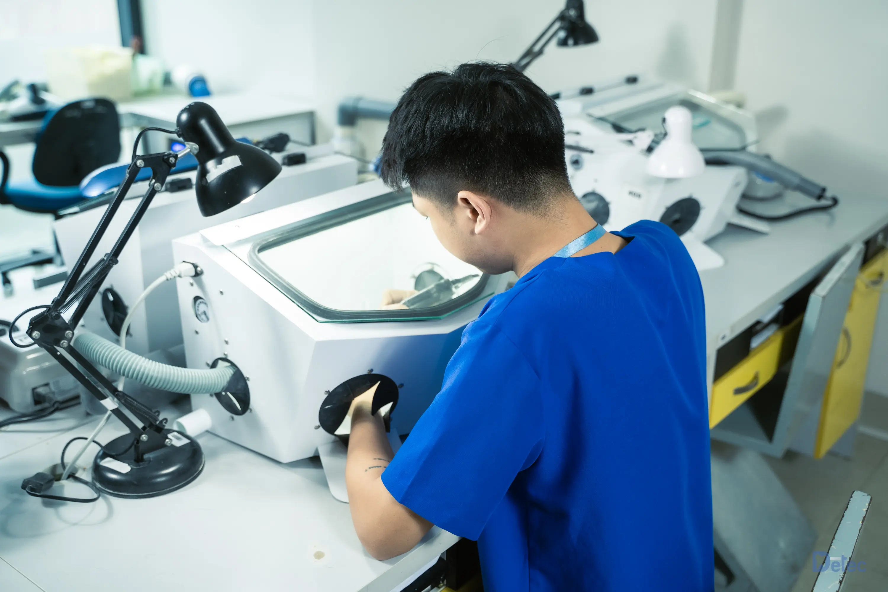 Technician loading a specimen into laboratory analyzer
