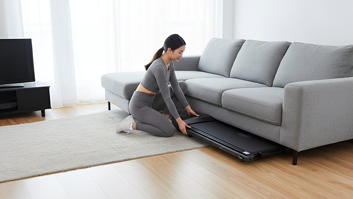 Person storing a treadmill under a sofa in a living room.