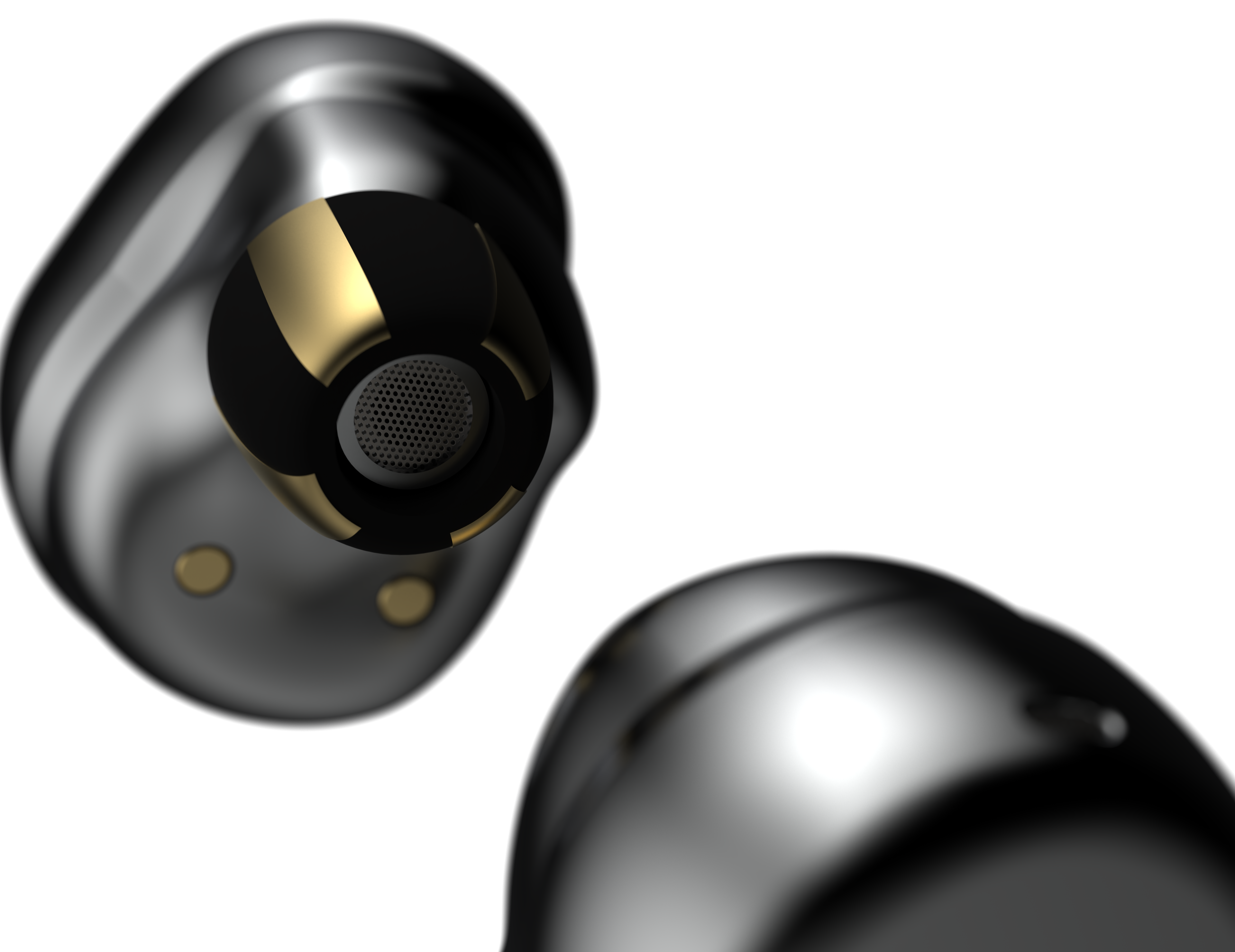 Close-up of a metallic object with gold accents against a black background.