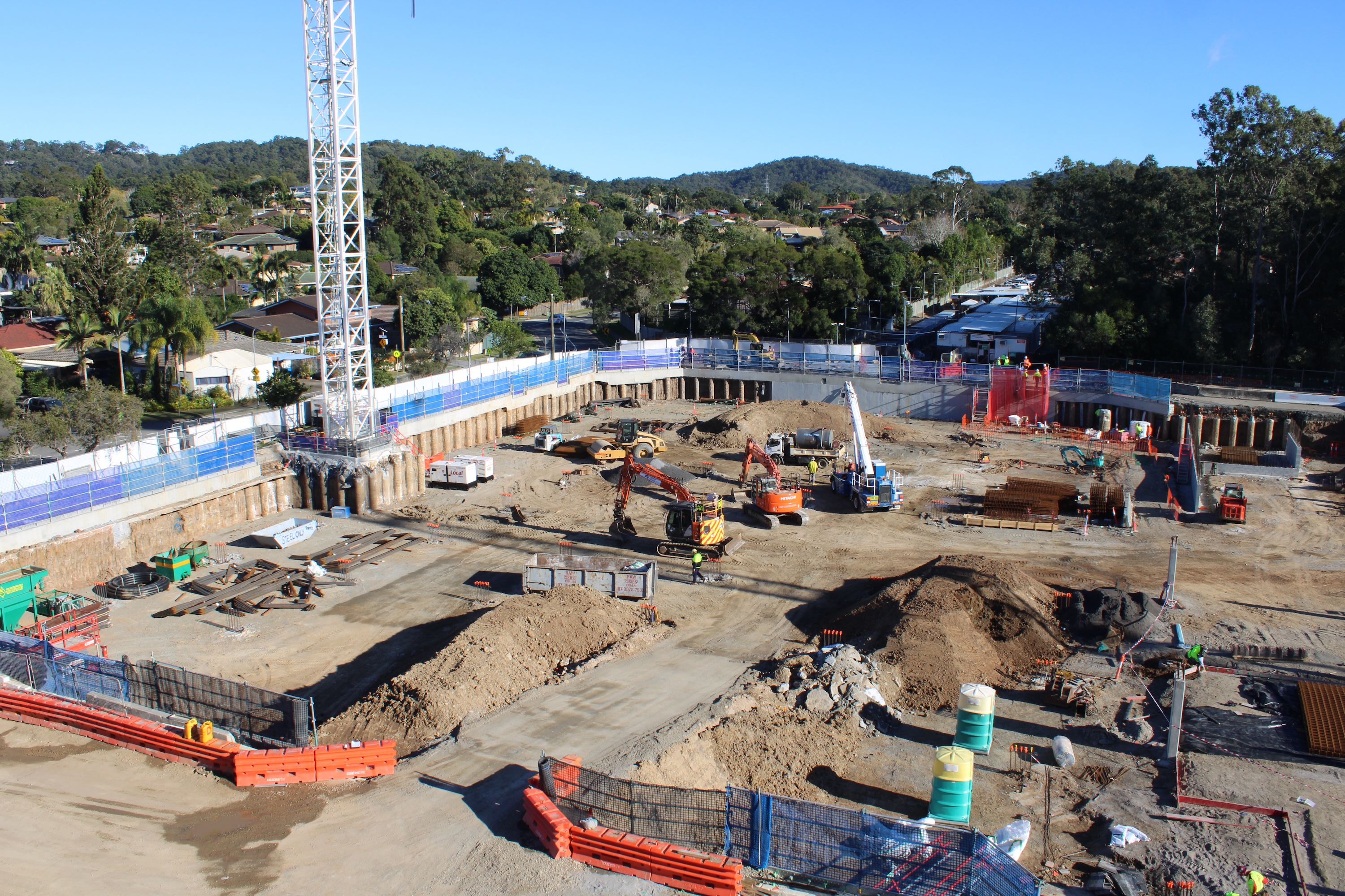 Aerial view of construction progress and site activity