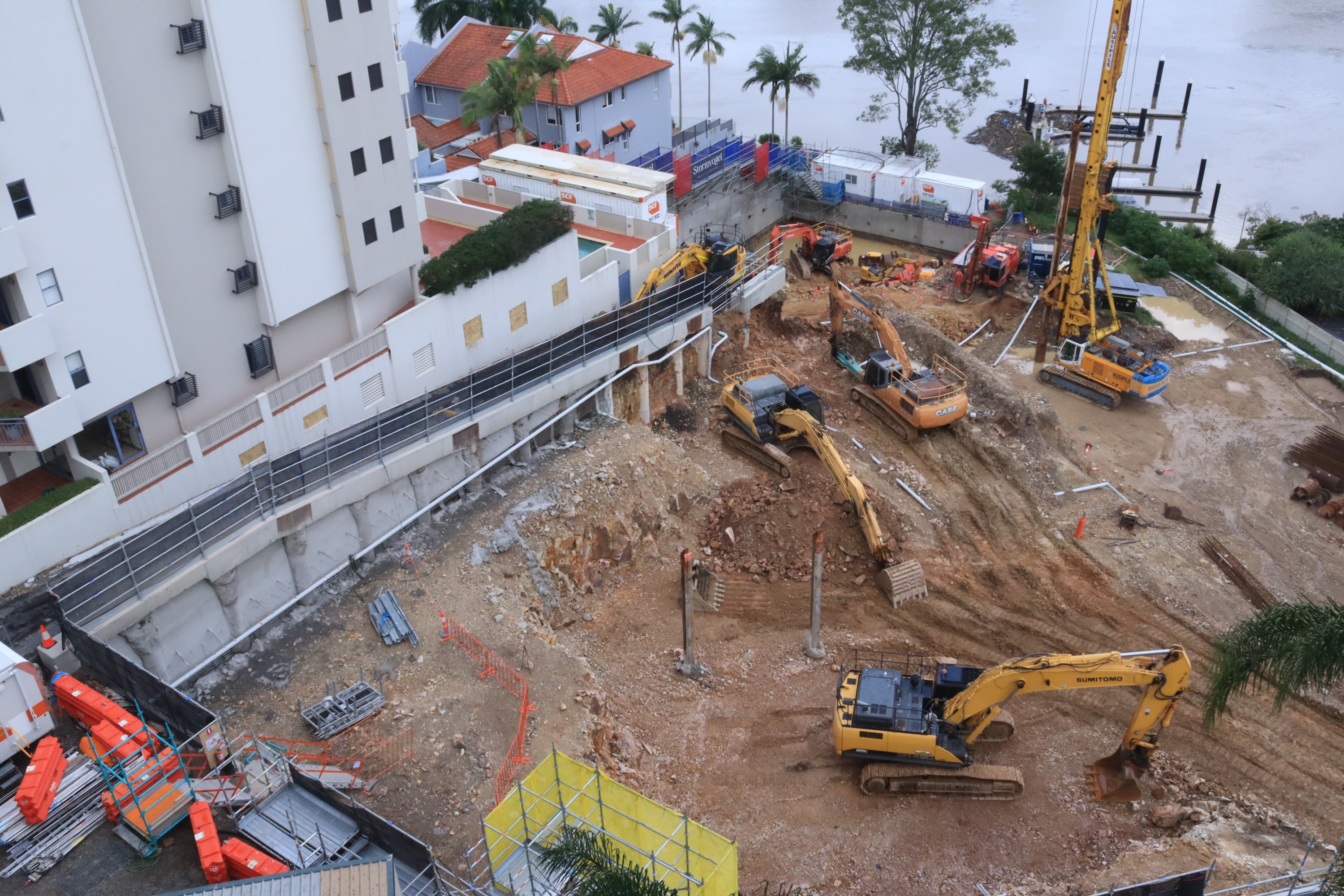 Aerial view of active construction planning