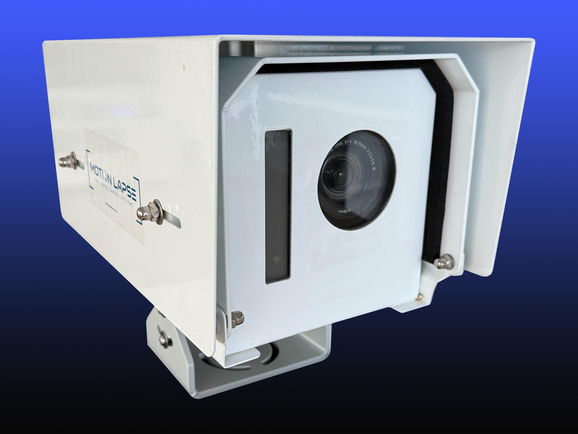A white motion lapse camera system with a lens and mounting bracket.