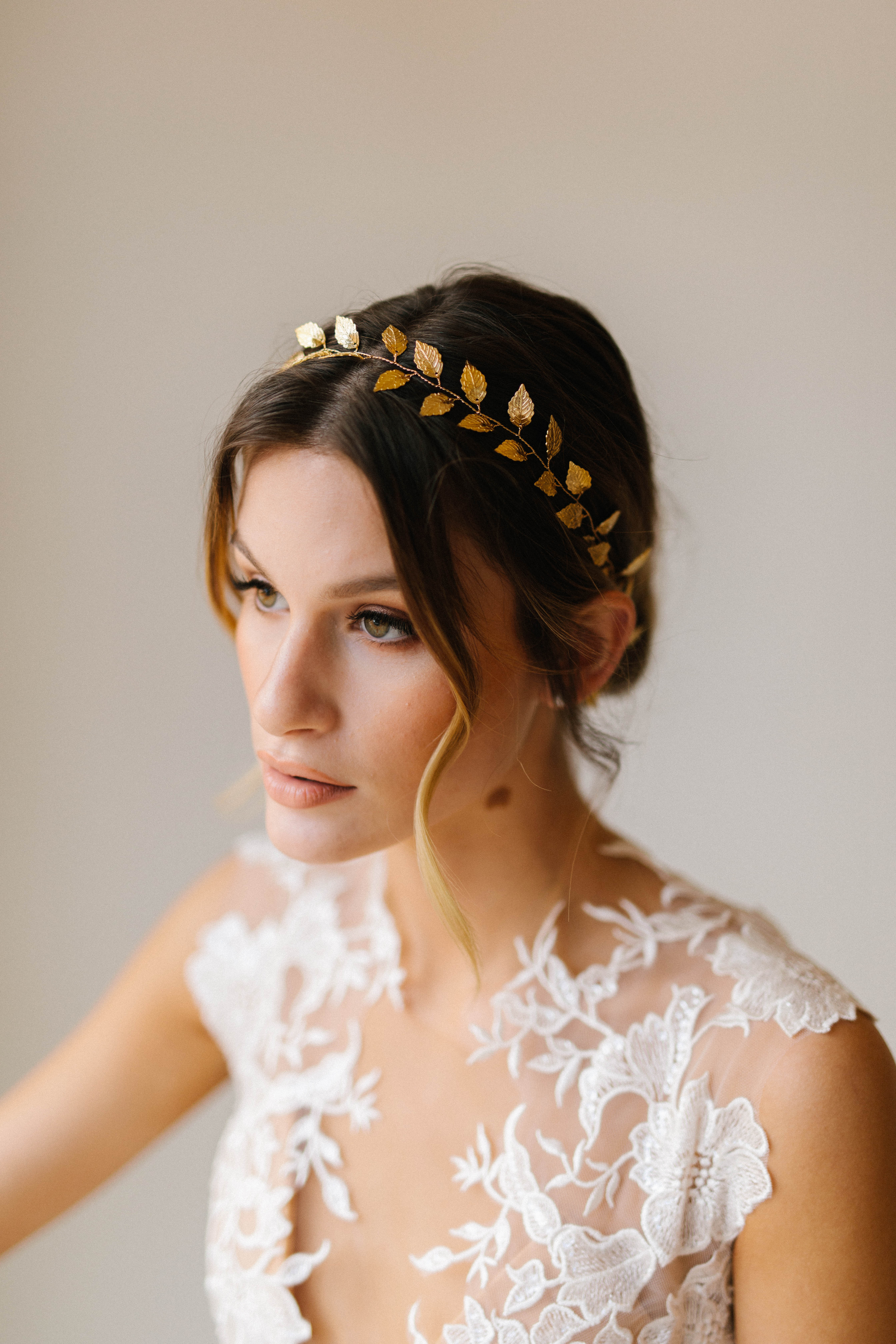 Floral and crystal headpiece details for bridal styling