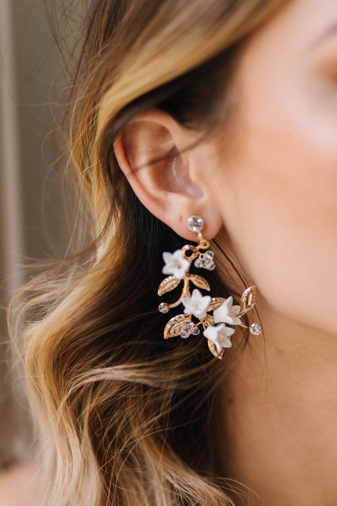 Closeup of a bride wearing high quality affordable jewelry