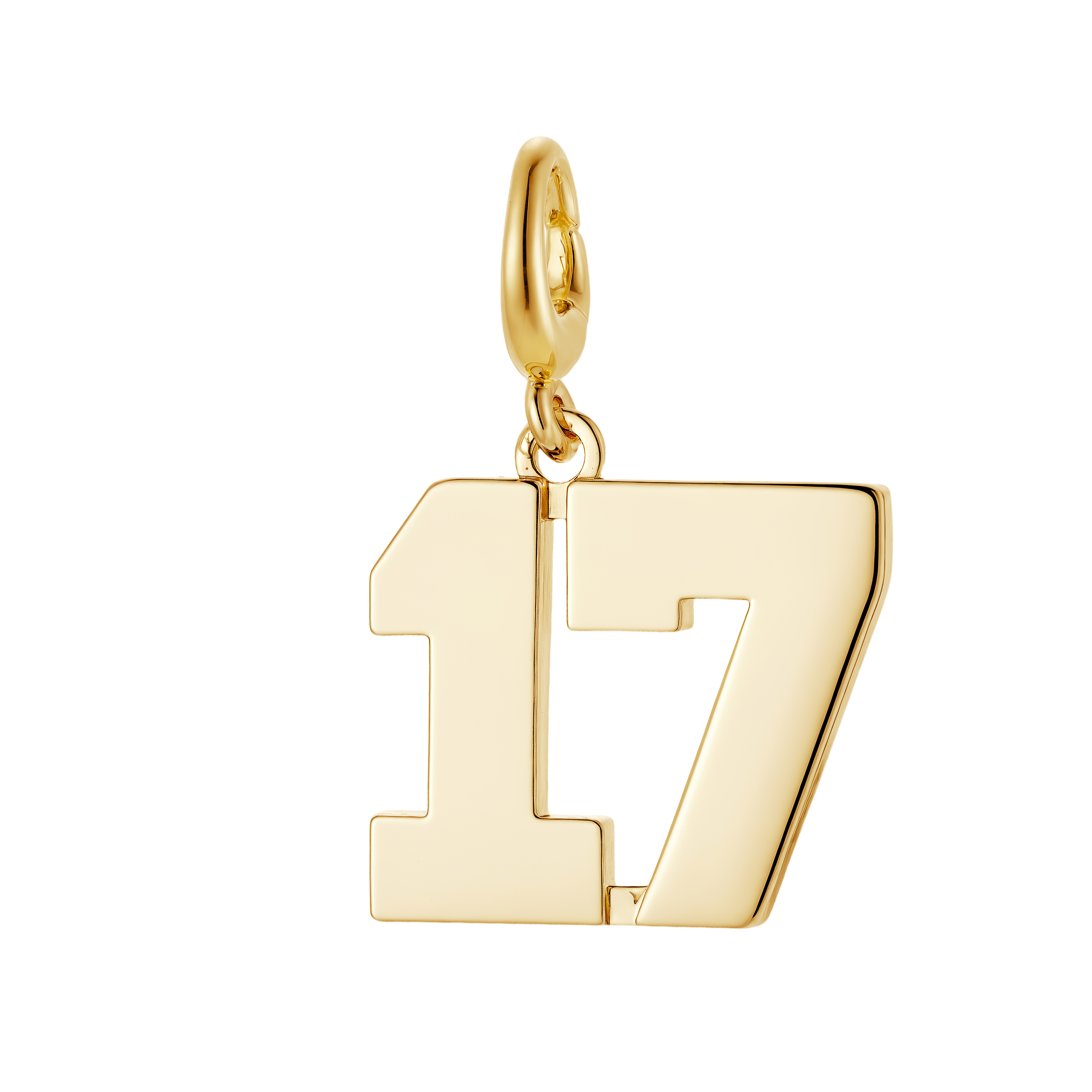 A shiny gold number 17 charm hangs from a chain.
