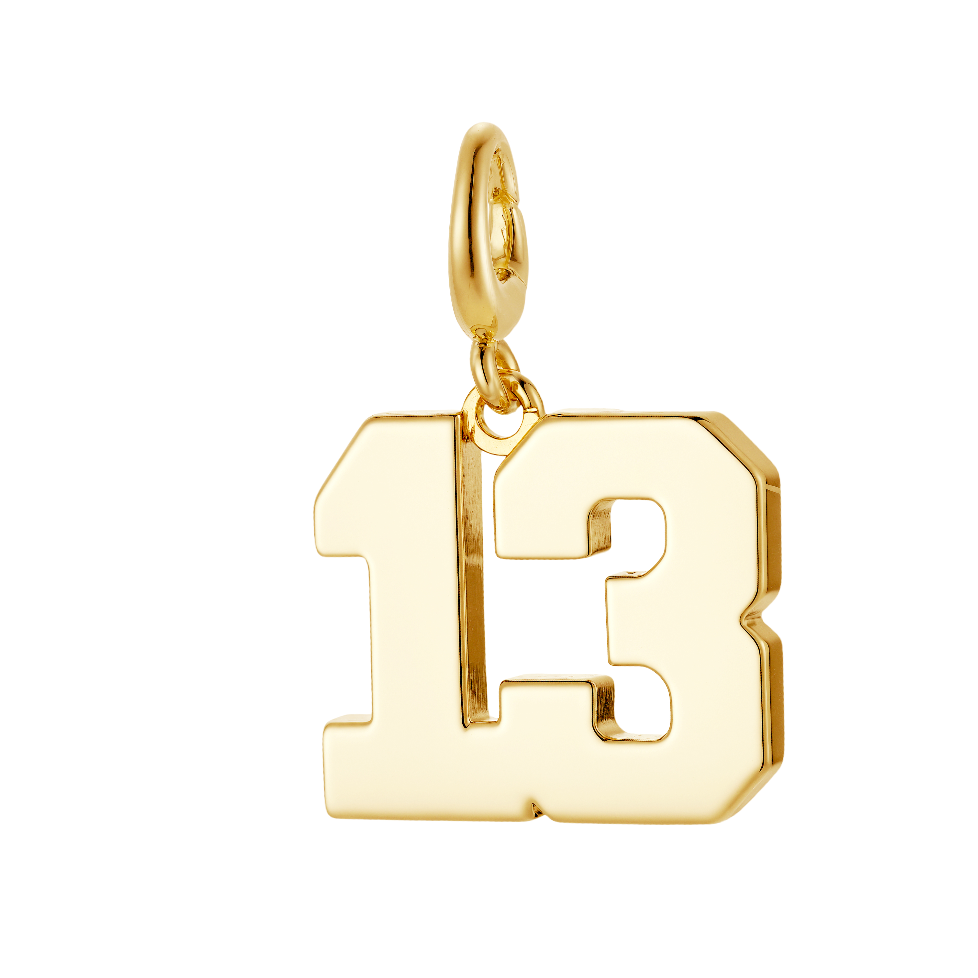 A shiny gold number 13 charm hangs from a chain.