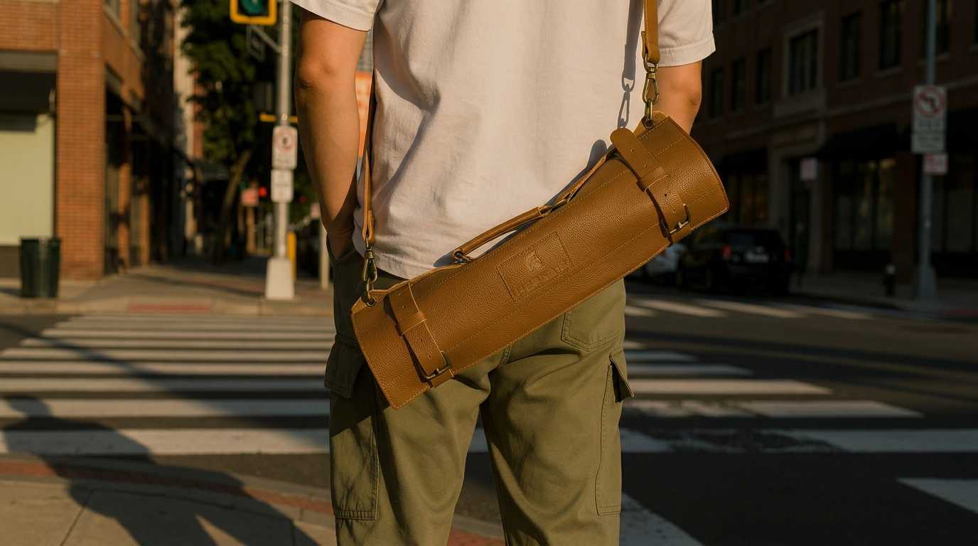 Man wearing a white t-shirt and green cargo pants carries Hephais brown leather roll bag.
