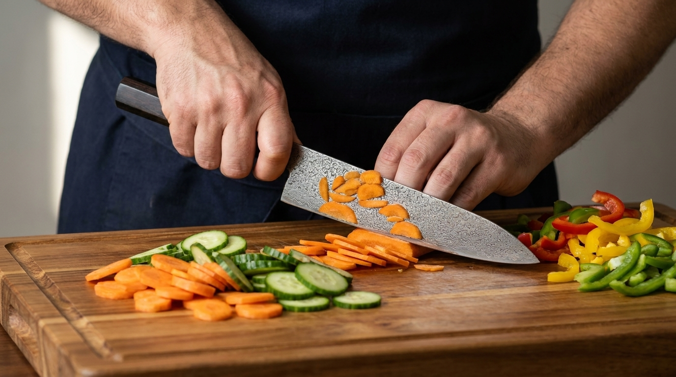 A chef demonstrating the proper rock-chopping technique with a Gyuto knife, relevant to the Gyuto vs Santoku debate