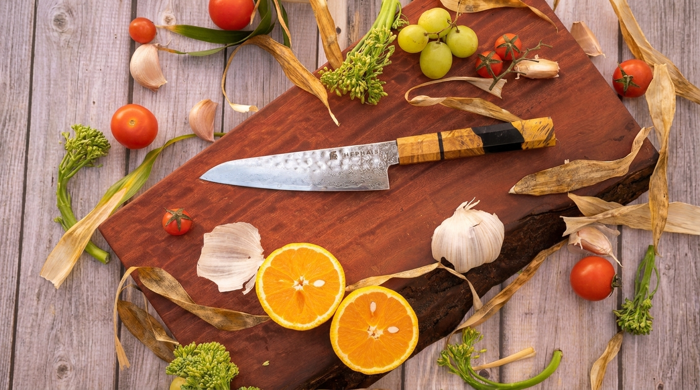 Hephais Aurora Damascus petty knife rests on a wooden cutting board surrounded by vegetables and fruit.