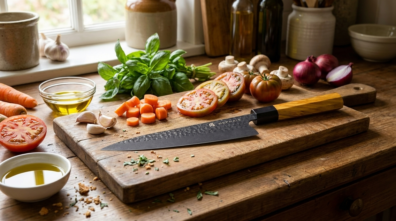 A chef's knife rests on a cutting board with chopped vegetables and herbs.