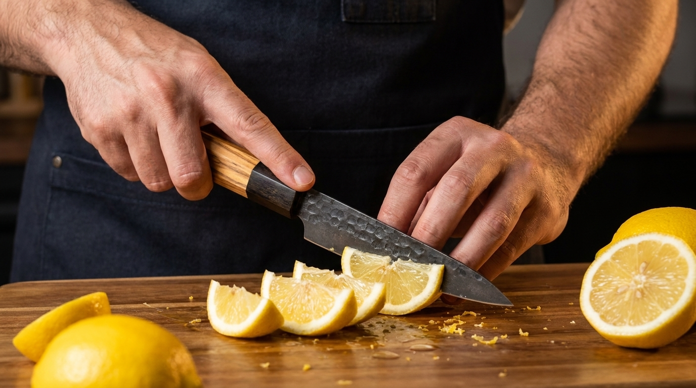 A person wearing a dark apron slices lemons on a wooden cutting board.