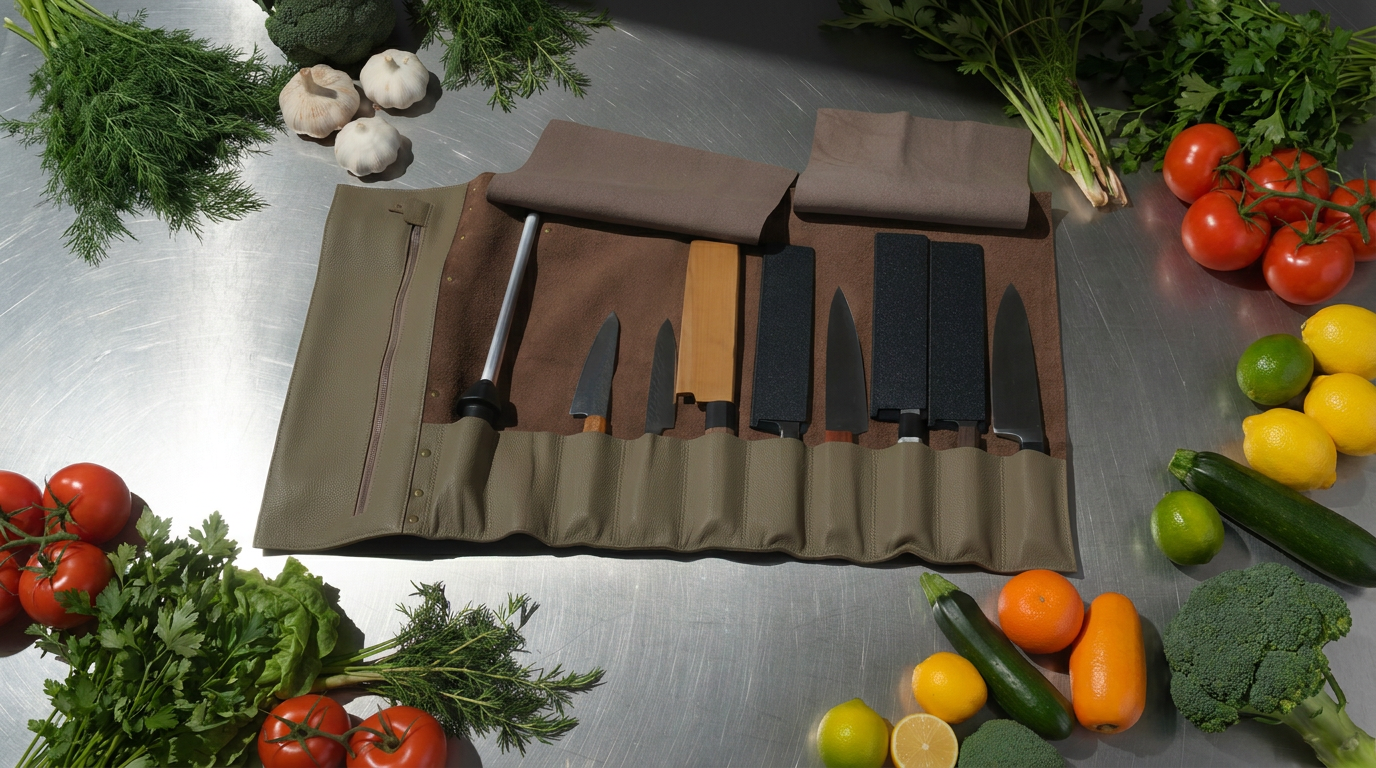 Hephais knife roll with several knives and sharpening steel surrounded by fresh vegetables.
