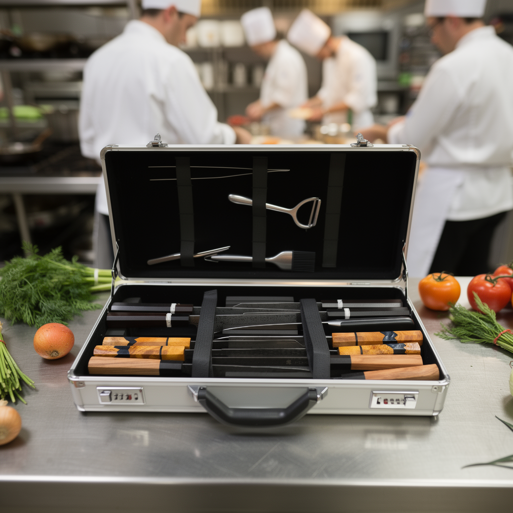 Sleek aluminium knife case with polished blades inside.