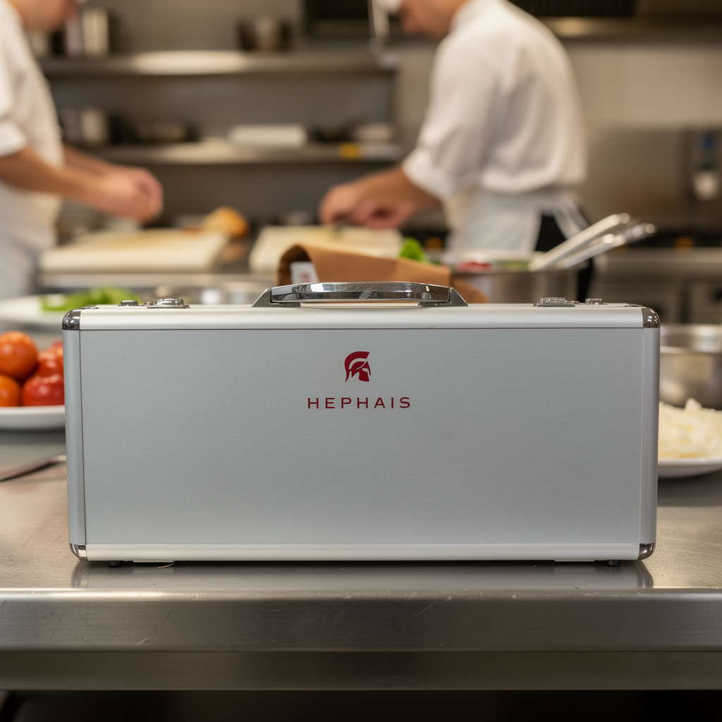 Sleek aluminium knife case open with knives inside.