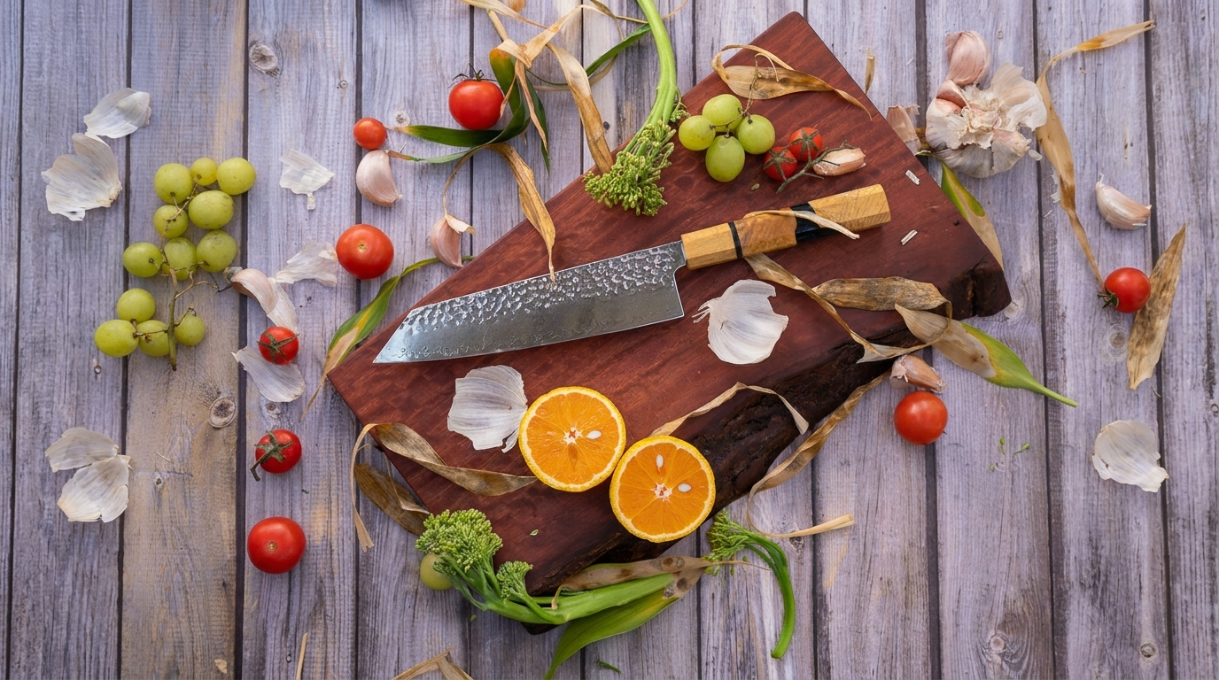 Hephais Aurora Kiritsuke knife resting on a dark wooden cutting board, ready for use.