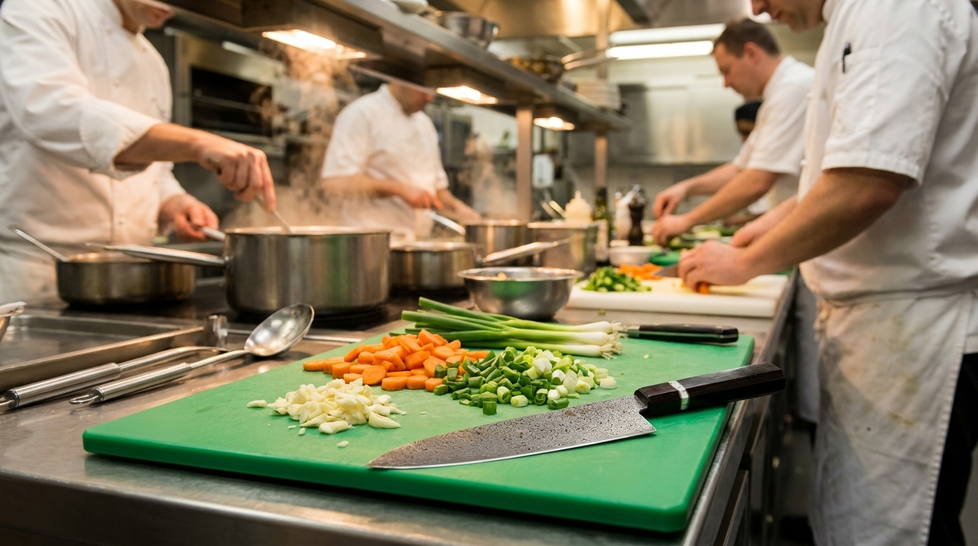 Hephais Knox rests on the chopping board. Chefs in a busy kitchen preparing vegetables and cooking in pots.