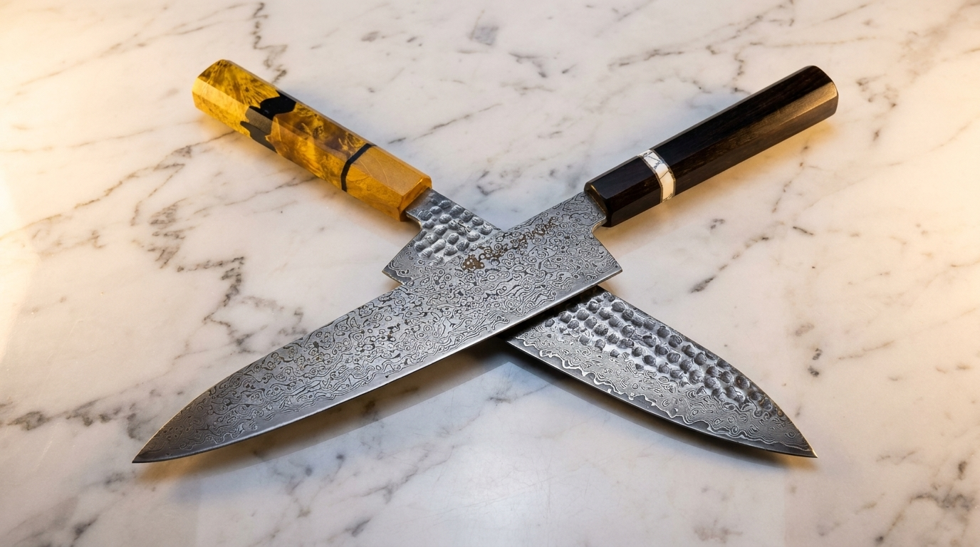 A close-up of a HEPHAIS Damascus steel Santoku knife on a dark slate surface, showcasing the intricate blade pattern