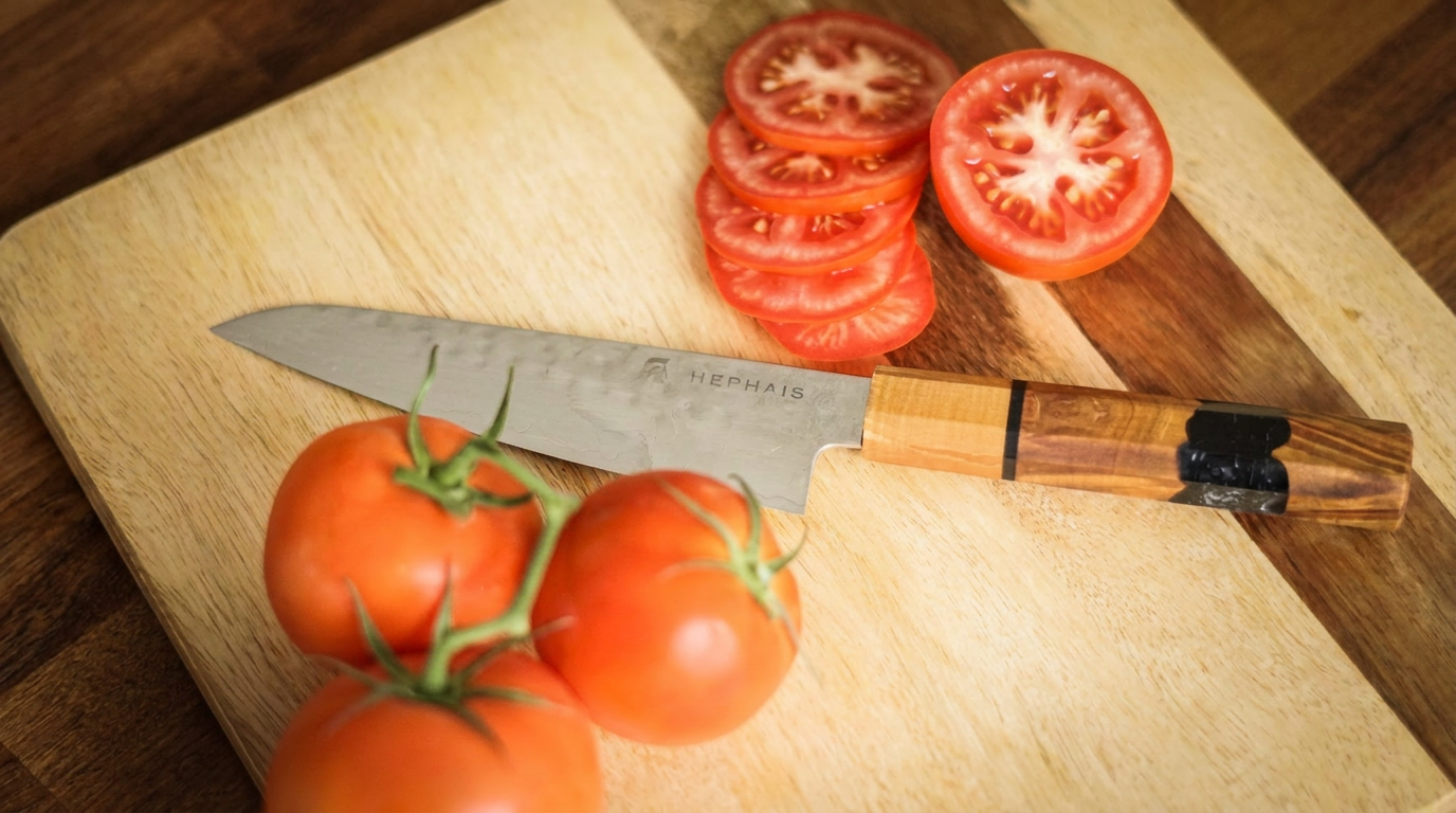 Hephais Aurora petty knife rests on a cutting board next to whole and sliced tomatoes.