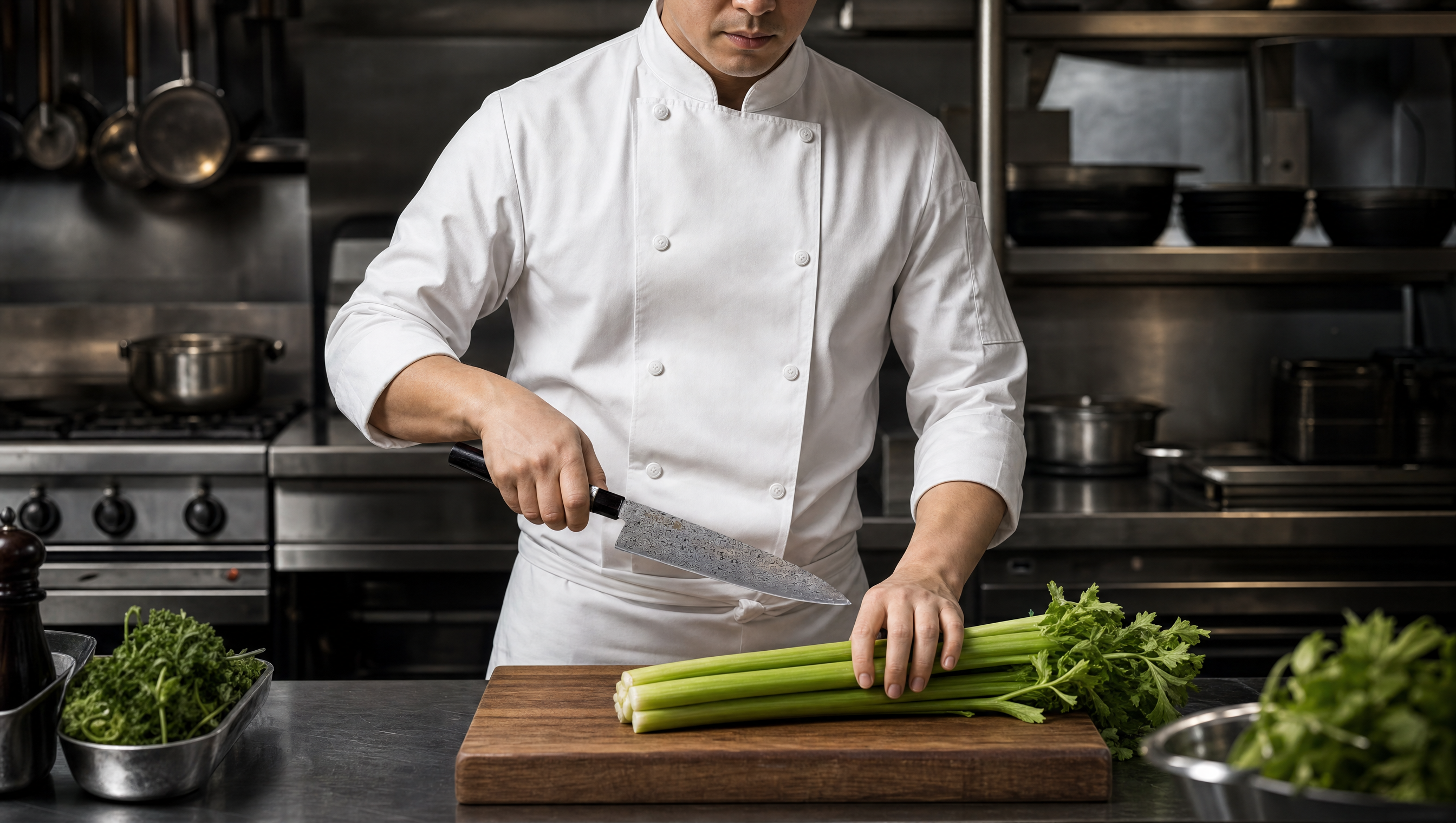A chef demonstrating the proper pinch grip technique, an important skill when you buy your first chef knife