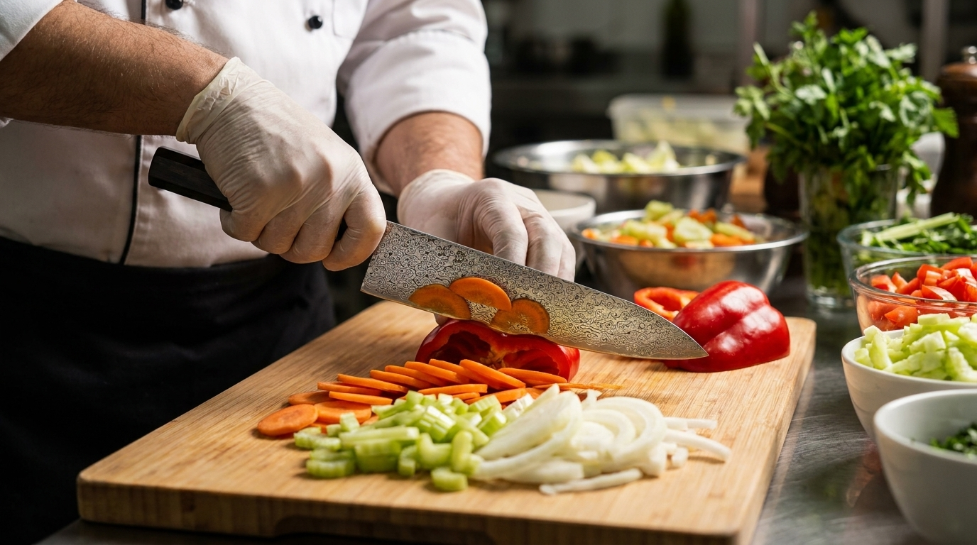 Chef using Hephais Knox Chef Knife and wearing gloves slices carrots and red bell pepper on a cutting board.